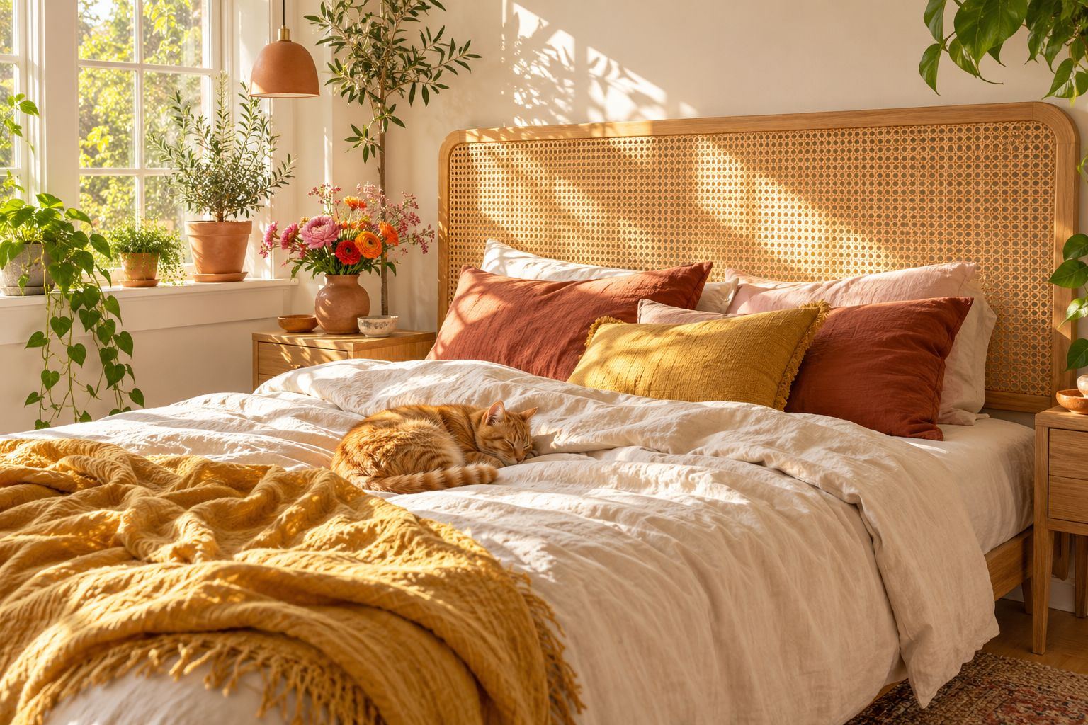 Bedroom with a framed cane headboard